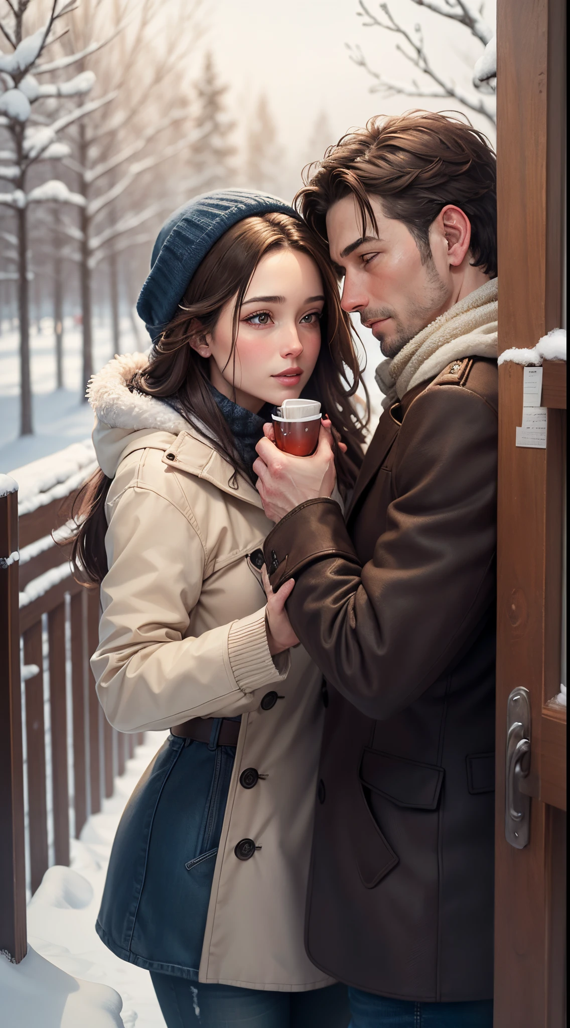 rough oil painting of a couple in love at winter, in the foreground,detailed face,detailed fingers and hands,cold weather, they are in love
