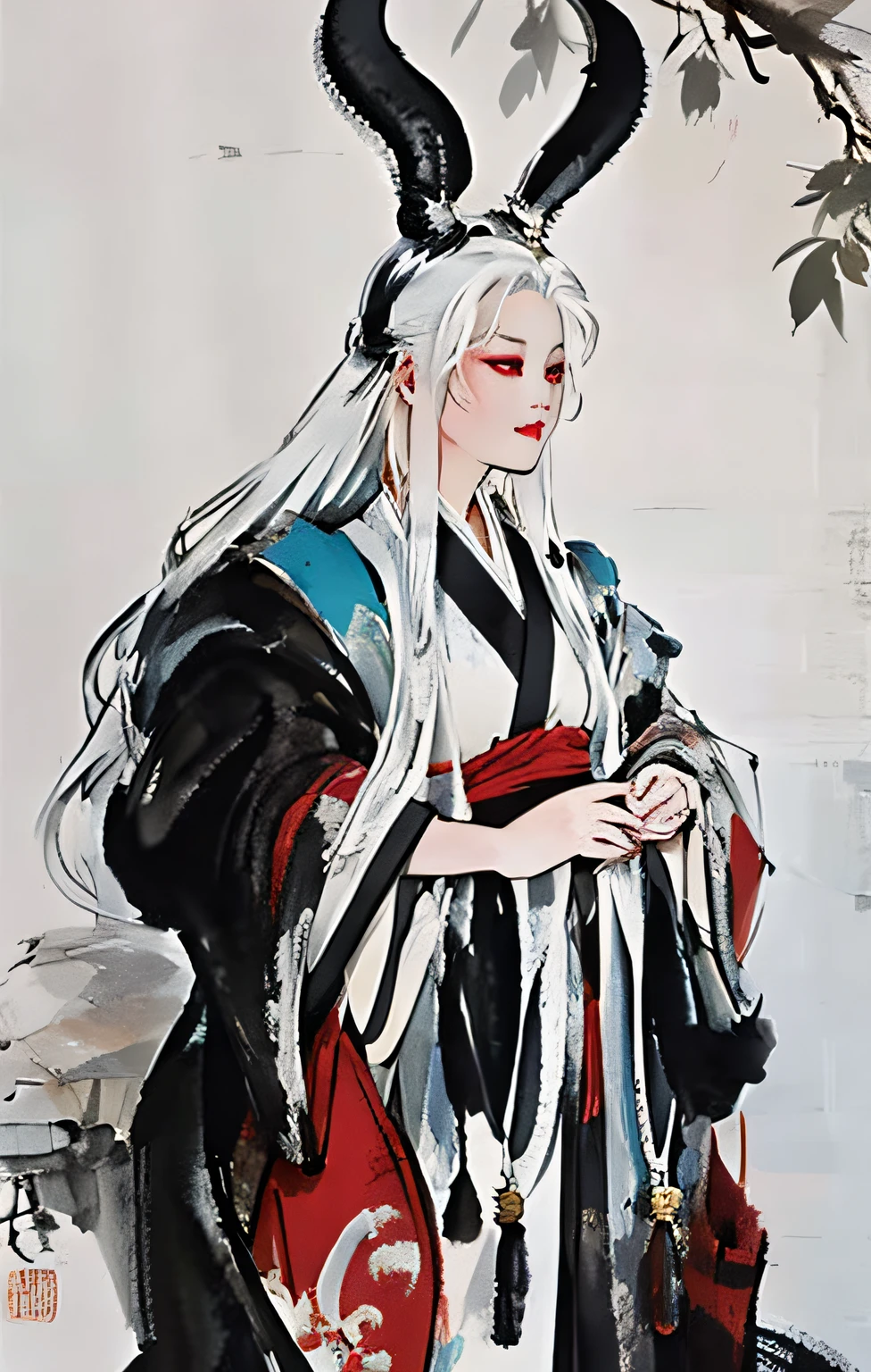 Best quality, Blank background, Ink wind,girl,Long white hair, Complex hairstyles,red eyes,costume dress, Eyebrow nevi, Plush hair accessories, rabbitears,ancient wind,Figure vertical painting,All-encompassing,Chinese style,themoon,change,