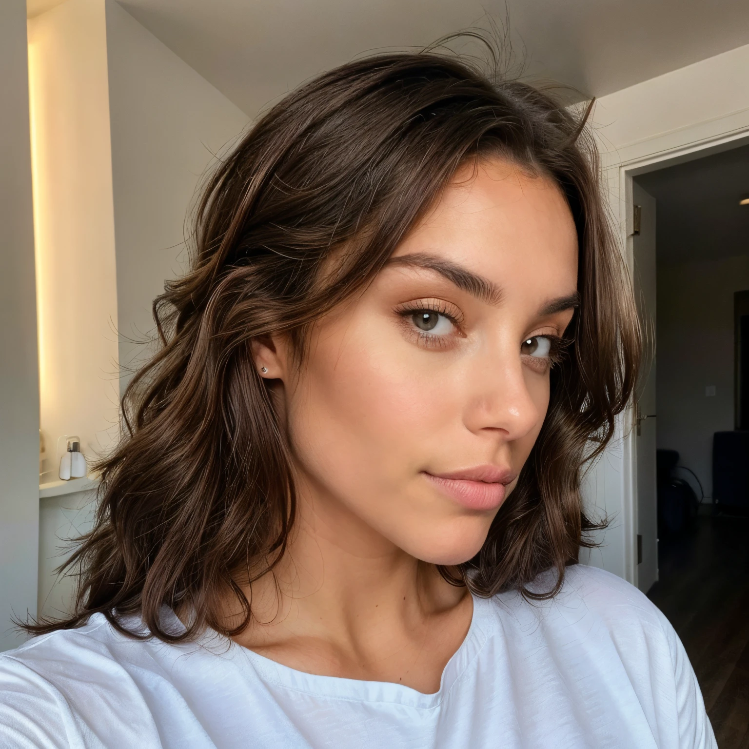 Belle brune aux, ((capelli neri corti)), ((capelli mossi)), (capelli neri), chemise noire col V, femme sexy et mince, vue de face, regarde l'objectif), (22 ans, visage innocent, natural wavy hair, yeux bleus), selfie from above, A half portrait of a 28 y.o, quebecoise Instagram fitness bombshell, Olympic pole vaulter, correct anatomy, aroused body, elegant, ((superior look)), (Vaporwave aesthetic), high contrast, (natural skin texture, hyperrealism, soft light, sharp), shot on iPhone 14 PRO, ((dentro un salone di bellezza, all'interno di un parrucchiere), (capelli mossi))