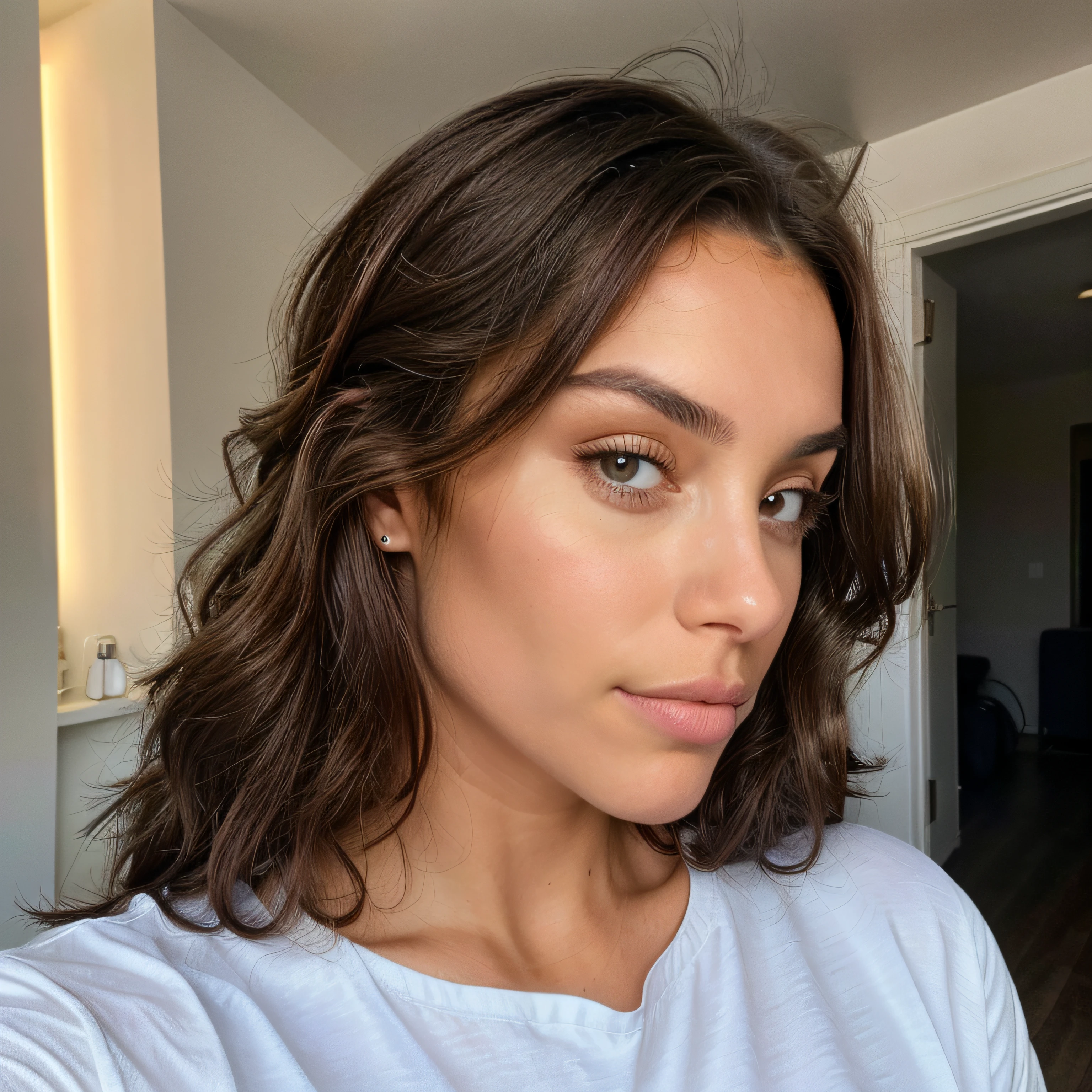 Belle brune aux, ((capelli neri corti)), ((capelli mossi)), (capelli neri), chemise noire col V, femme sexy et mince, vue de face, regarde l'objectif), (22 ans, visage innocent, natural wavy hair, yeux bleus), selfie from above, A half portrait of a 28 y.o, quebecoise Instagram fitness bombshell, Olympic pole vaulter, correct anatomy, aroused body, elegant, ((superior look)), (Vaporwave aesthetic), high contrast, (natural skin texture, hyperrealism, soft light, sharp), shot on iPhone 14 PRO, ((dentro un salone di bellezza, all'interno di un parrucchiere), (capelli mossi))