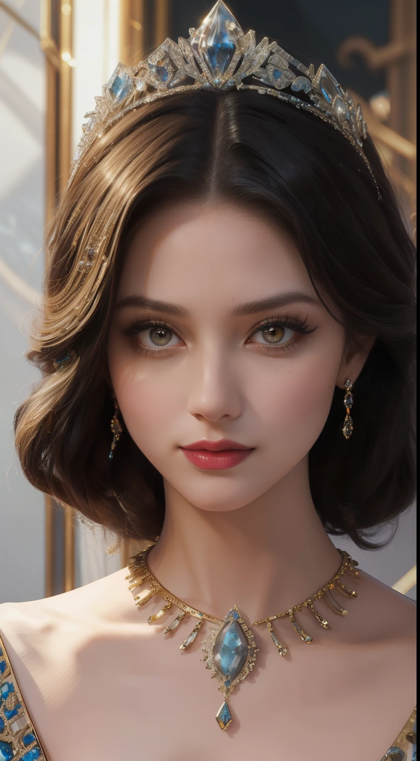 tmasterpiece,Highest image quality,Beautiful bust of a royal lady,Delicate black hairstyle,Amber eyes are crystal clear,Embellished with a dazzling array of intricate jewels,super detailing,advanced。