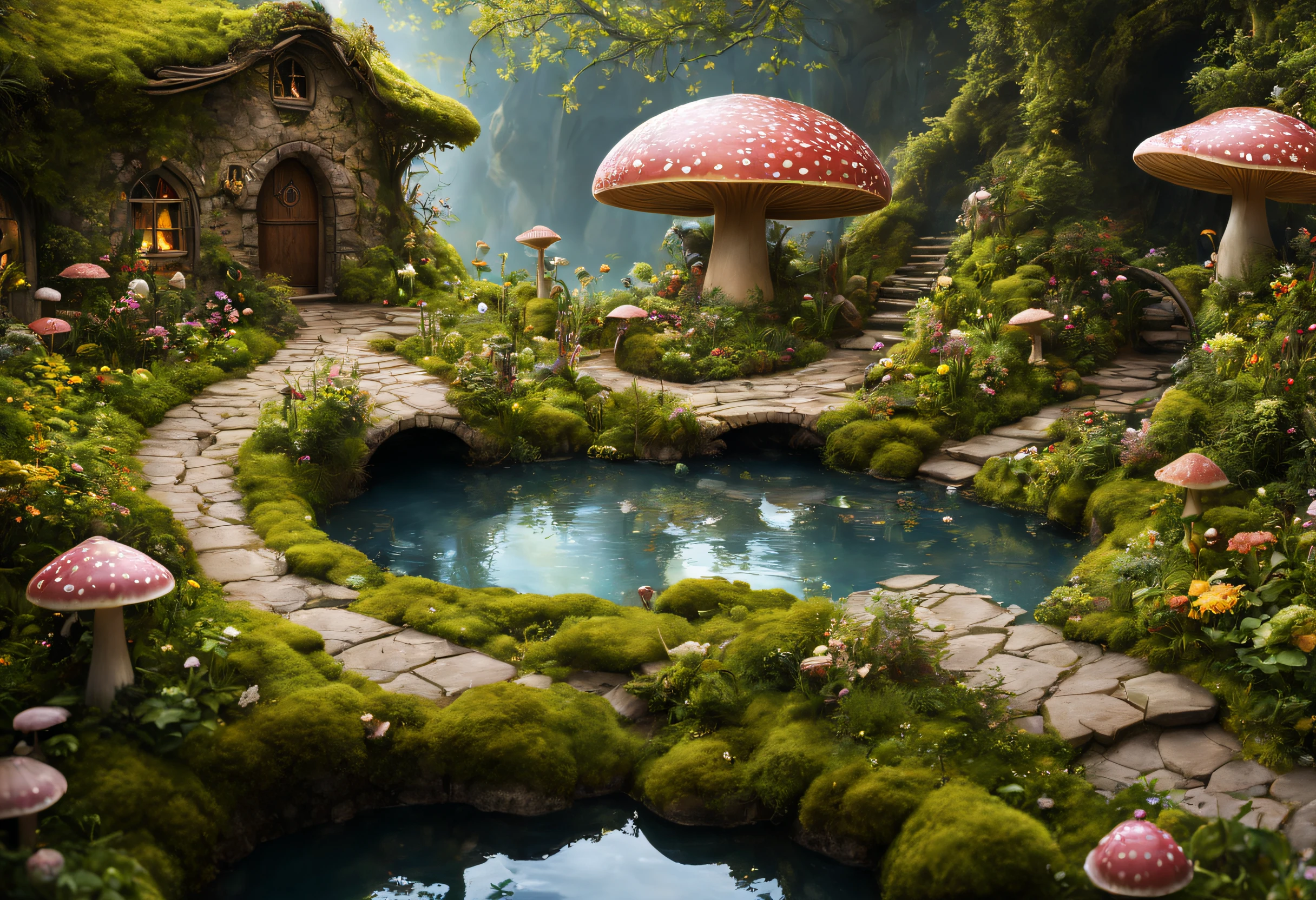 (best quality,4k,8k,highres,masterpiece:1.2),ultra-detailed,(realistic,photorealistic,photo-realistic:1.37),a charming fairy village,enchanted forest,magical creatures,glowing mushrooms,whimsical treehouses,lush greenery,sparkling waterfalls,fairy lights,dainty flowers,serene atmosphere,soft sunlight,fairy dust,ethereal beings,peaceful lakeside,cobblestone pathways,celestial stars,stunning architecture,magical bridges,mystical fog,harmonious colors,surreal ambiance,enchanted music,fairytale-like cottages,floating lanterns,hidden nooks and crannies,playful sprites,whispering winds,tinkling laughter,secretive entrances,hidden treasures,magical doorways,lively marketplace,elaborate costumes,vibrant market stalls,dreamy reflections in the water,fairy wings,index:above-average,dream-like,imagination,stardust magic,tranquil haven
