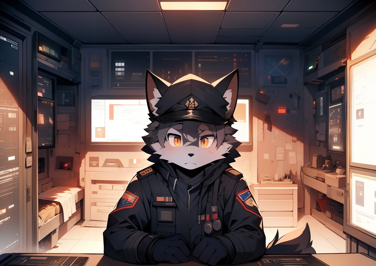 The expression cold,Out of sorts,Serious,Tall guy,Wolf Clan,solidcolor,Dark gray hair,Golden pupils,Ultimate light and shadow,commander,Officer's cap,((worn-out clothing,army suit)) ,((Operational command room,the only person)), ((the detail))