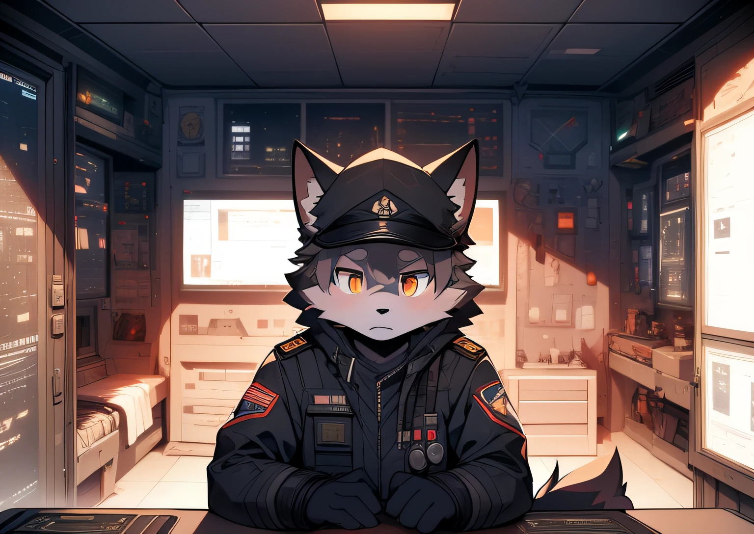 The expression  cold，Not in the mood，Serious，Tall guy，Wolf Clan，solidcolor，Dark gray hair，Golden pupils，Ultimate light and shadow，commander，Officer's cap，((worn-out clothing，army suit)) ，((Operational command room，the only person))， ((the detail))