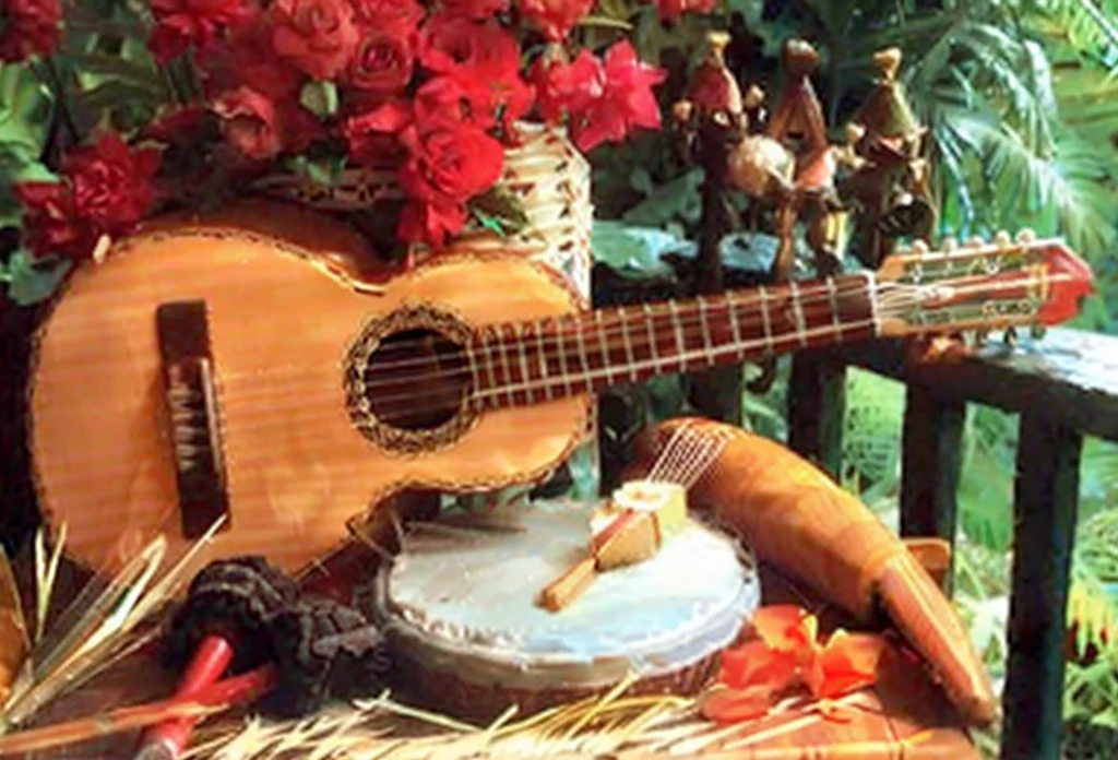 there a guitar and a cake on a table with flowers, macuahuitl, ukulele, lute, musical instruments, cuban setting, instrument, music instruments, an instrument, mexican folklore, musical instrument, guitar, tamborine, instruments, pic, summer setting, musical, studio shot, musician, bard, reggae, playing a lute