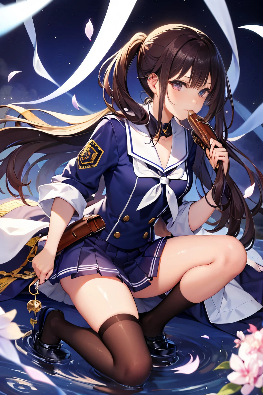 (​masterpiece}, {hight resolution}, {Good anatomy}, (top-quality), (extremely delicate and beautiful), (8k cg wallpaper), (illustratio), 1 girl in, ambush, Confident Face, Holding a handgun, a sailor suit