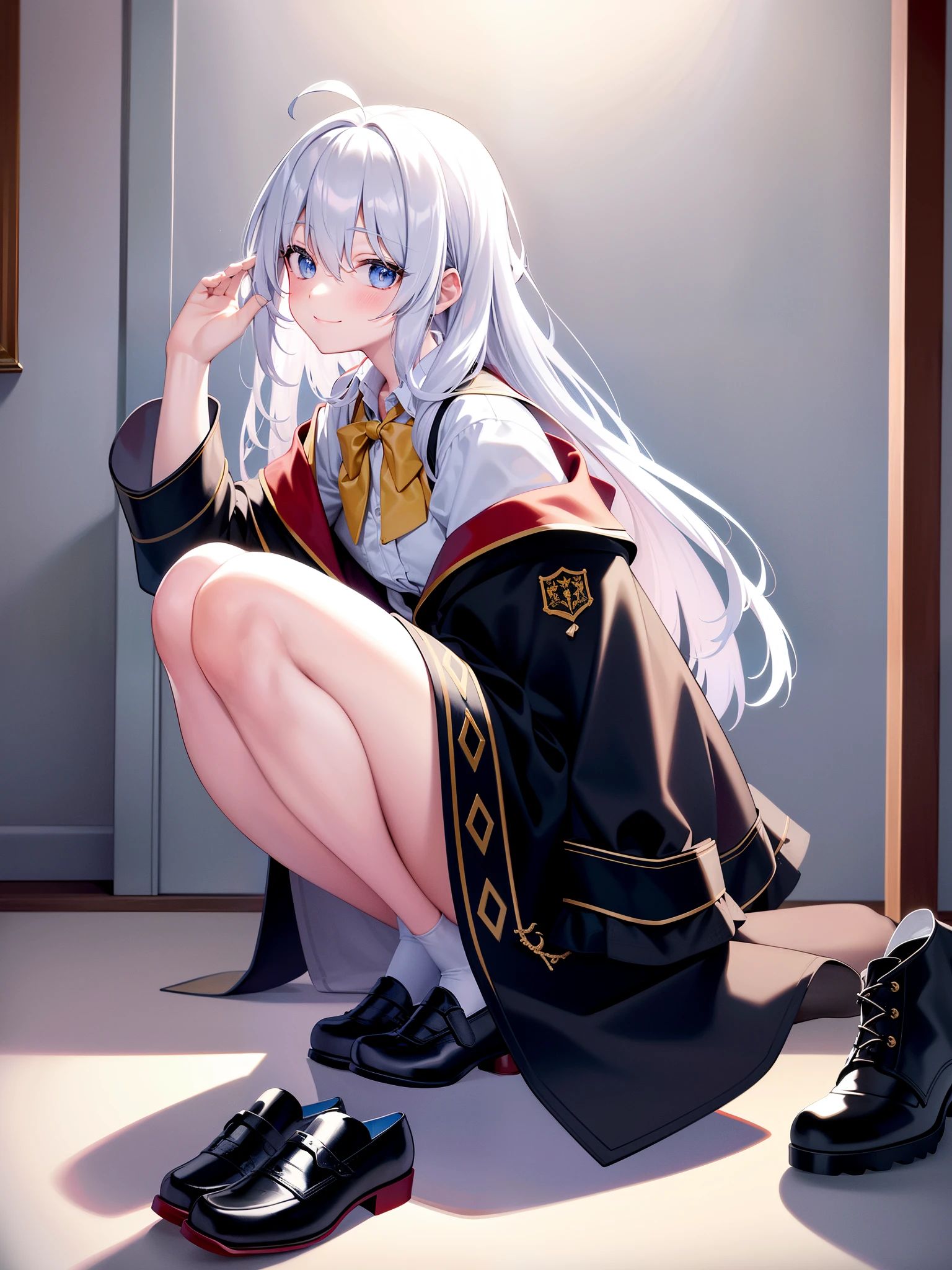 (masterpiece, best quality, highres),, solo, long hair, shirt, skirt, blue eyes, long white hair, smile, white shirt, black transparent skirt, neck bowtie, yellow bowtie, looking away from the viewer, a little blushed face, shoes, classic shoes, full body, yellow bow, open clothes, high heels, bare shoulders, collared shirt, bare legs, best hair bundle, white hair, standing, fullbody, room of hogwarts castle 1800s, squatting position in the room of 1990s castle, talking to me and i asked her "hows your journey today miss Elaina"