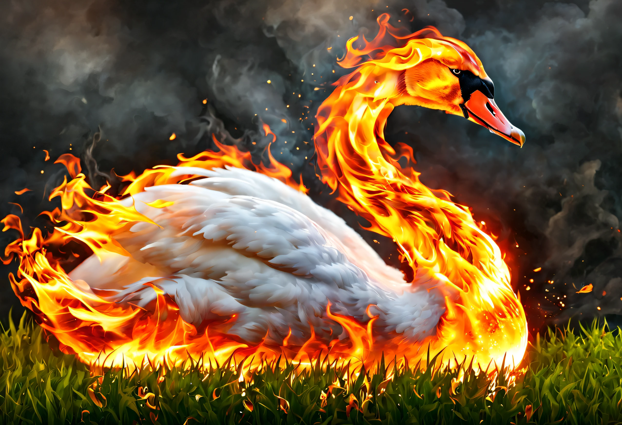 Close-up of a swan standing on the grass,(masterpiece, high high quality, Best quality at best, official art, Beauty and aesthetics:1.2),(theelementoffire:1.1),Composed of fire elements,(swan:1.2),catching fire, transparency, fiery, (Molten rock),Flame skin, Flame print, fiery hair, smokes, ​​clouds, a swan wrapped in flamelames rise，cooling