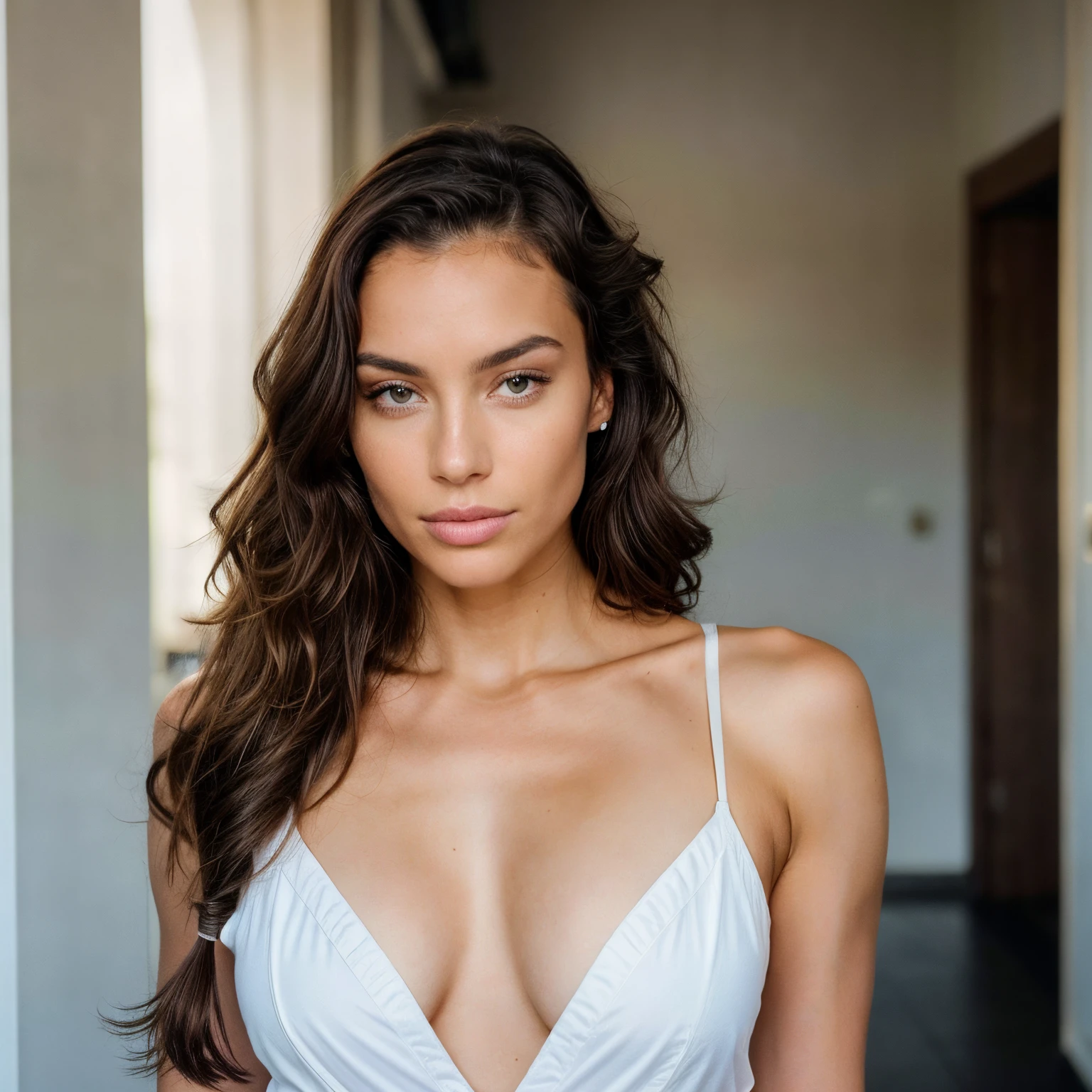 Belle brune aux, ((capelli neri corti)), ((capelli mossi)), (capelli neri), chemise noire col V, femme sexy et mince, vue de face, regarde l'objectif), (22 ans, visage innocent, natural wavy hair, yeux bleus), selfie from above, A half portrait of a 28 y.o, quebecoise Instagram fitness bombshell, Olympic pole vaulter, correct anatomy, aroused body, elegant, ((superior look)), (Vaporwave aesthetic), high contrast, (natural skin texture, hyperrealism, soft light, sharp), shot on iPhone 14 PRO, ((dentro un salone di bellezza, all'interno di un parrucchiere), (capelli mossi))