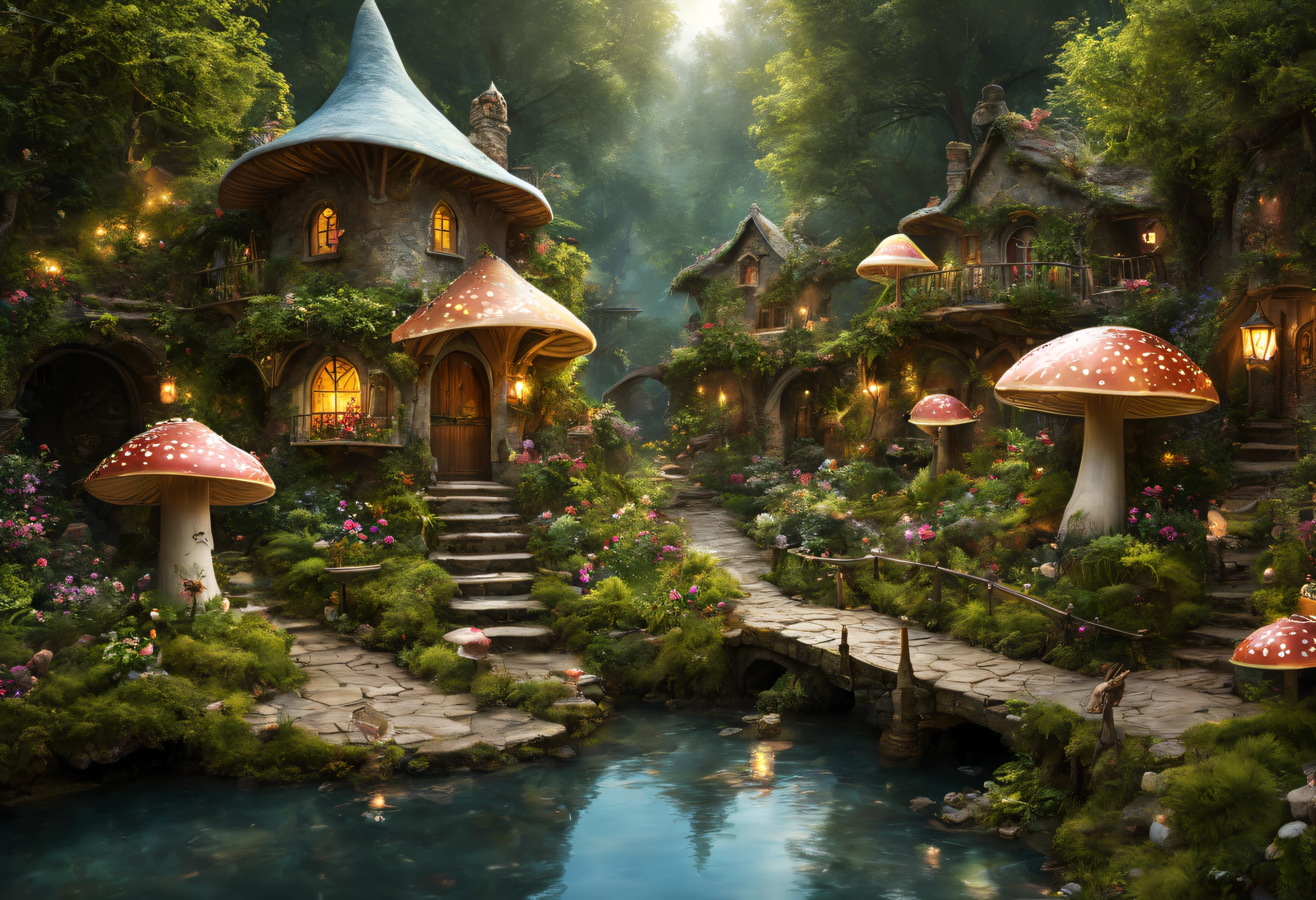 (best quality,4k,8k,highres,masterpiece:1.2),ultra-detailed,(realistic,photorealistic,photo-realistic:1.37),a charming fairy village,enchanted forest,magical creatures,glowing mushrooms,whimsical treehouses,lush greenery,sparkling waterfalls,fairy lights,dainty flowers,serene atmosphere,soft sunlight,fairy dust,ethereal beings,peaceful lakeside,cobblestone pathways,celestial stars,stunning architecture,magical bridges,mystical fog,harmonious colors,surreal ambiance,enchanted music,fairytale-like cottages,floating lanterns,hidden nooks and crannies,playful sprites,whispering winds,tinkling laughter,secretive entrances,hidden treasures,magical doorways,lively marketplace,elaborate costumes,vibrant market stalls,dreamy reflections in the water,fairy wings,index:above-average,dream-like,imagination,stardust magic,tranquil haven