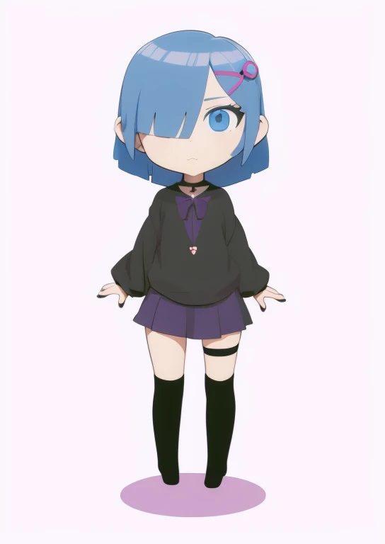 Anime girl with blue hair, black skirt and black stockings,  Anime cute art style, Flat anime style, Anime Stylization, Anime style characters, anime vtuber full body model, flat anime style shading, Anime style 3D, A single character full body, stylized anime, style of anime,  anime goth girl，Tide play，one-eyed