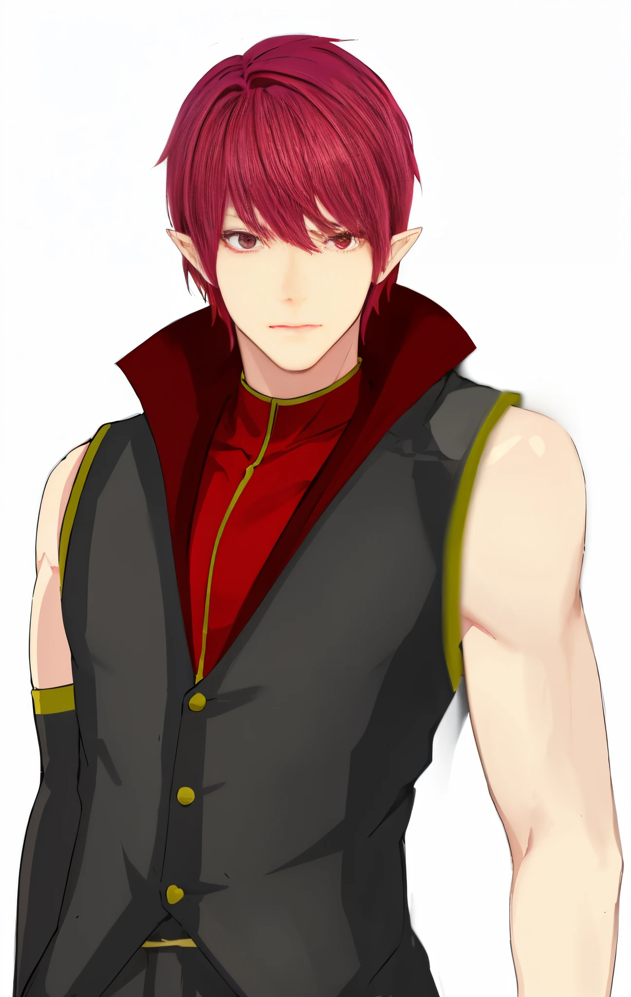 Anime red hair and red eyes man wearing a vest and a red shirt, a male elf, male vampire, anime handsome man, human male demon, young anime man,