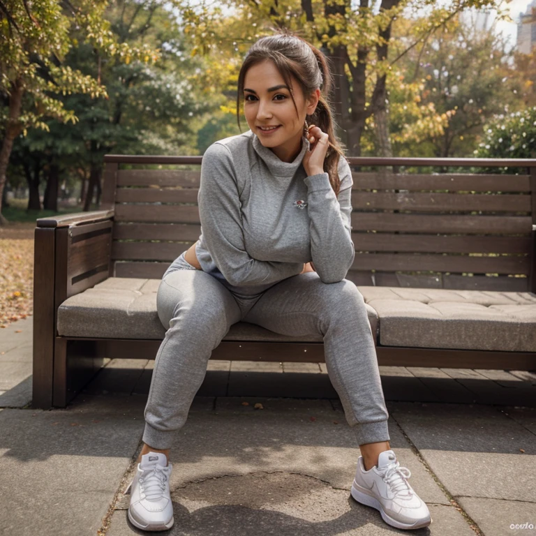 middle-aged ,perky tits, slim waist, Thick legs, silver shiny yoga pants, grey socks, white shoes, red pullover , park, chair, autumn, forest , detailed brown eyes, detailed ponytail hair, detailed face, detailed body, detailed edges, best quality, best ISO, best light, best lens, same face diffrent poses, smile, milad tower in background