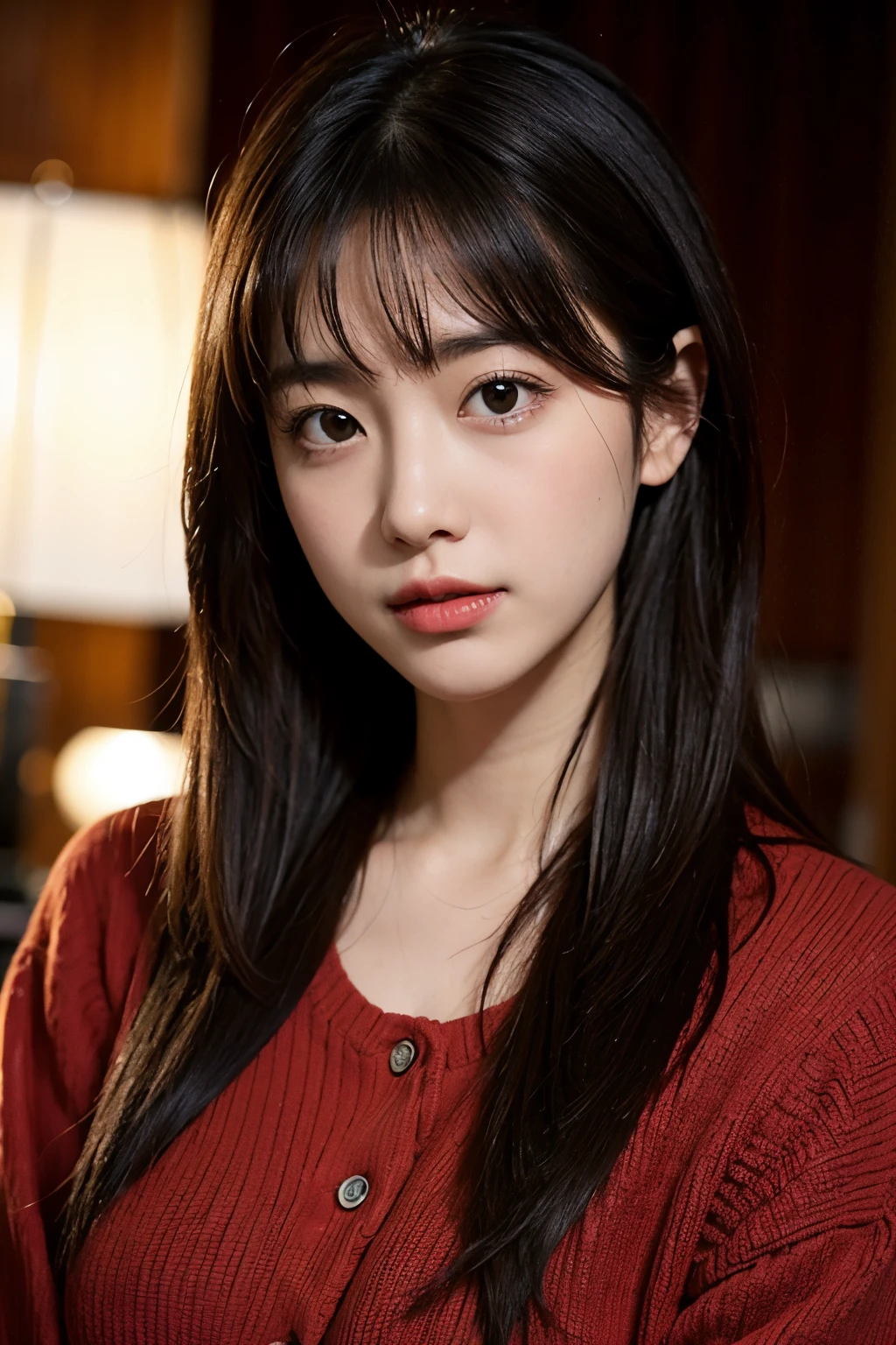 best qualtiy， 超高分辨率， （realisticlying：1.4），Baoyu Girl，1girll, Long straight hair，Looking into the distance，Cropped red sweater，a sense of atmosphere，Beautiful woman with a slim figure:1.4, Abs:1.1,,Ultra-fine face，Elaborate Eyes，二重まぶた，choker necklace