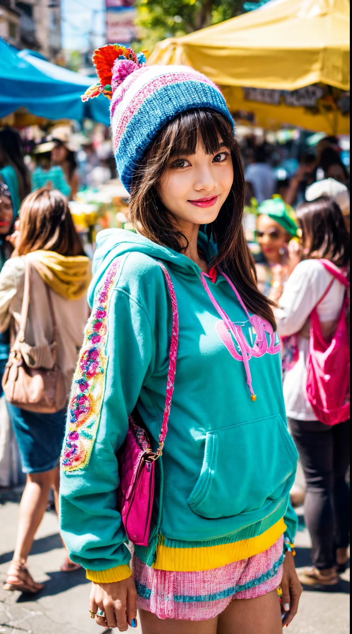 (Ultra-detailed eyes), (((textile shading))), (((Best Quality))), (((masterpiece))), (((Ultra-detailed CG))), sassy girl, (((magical girl))), (Petite), (tiny chest), black hair, fresh and cute hairstyles, gorgeous hair)), Fresh Colorful Fashion Feast, Fresh Colorful Fashion Feast outfit, vibrant Fresh Colorful Fashion Feast scene, Fresh Colorful Fashion Feast, Fresh Colorful Fashion Feast ambiance, Fresh Colorful Fashion Feast at street:0.2 Fresh Colorful Fashion Feast image of a women Fresh Colorful Fashion Feast outfit, immersed in the vibrant atmosphere of a street. His attire reflects the fashion trends of the Fresh Colorful Fashion Feast. The Fresh Colorful Fashion Feast street scene alive with pulsating lights, a lively colorful street, The Fresh Colorful Fashion Feast ambiance transports viewers back to the Fresh and Colorful era, capturing the spirit of fresh and colorful, and self-expression that defined the Fresh Colorful Fashion Feast culture. fashion game was on point, showcasing a delightful touch of vintage by combining an Alanui graphmbroidered hoodie with kobbit ear-flap knitted hat.