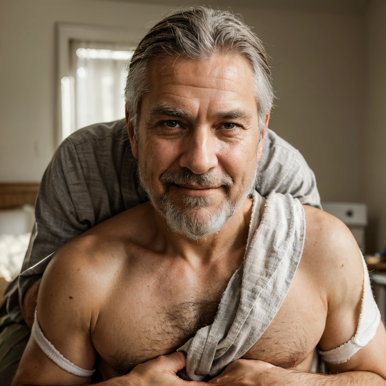 Portrait of a father,warm lighting,nurturing,kind eyes,loving smile,gray hair,silver beard,wisdom,strength,weathered face,strong hands,gentle touch,protective,role model,unconditional love,patient,helpful,shoulder to lean on,firm embrace,wise counsel,experienced,life lessons,memories,laugh lines,gentle heart,loved and respected,heroic,responsible,loving father,emotional bond,pride and joy,family man,distinctive features,best quality,highres,ultra-detailed,realistic,soft color palette,artistic style,confidence,captivating expression,masterpiece:1.2