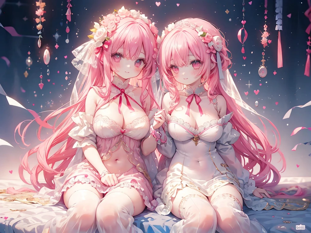 1人、encrusted with pink and red hearts、、Too large breasts、cleavage of the breast、Dress with plenty of pink heart lace.、Large ribbon、lace cape、Lace veil、Eyes of Hearts、Her pale, Soft, Long hair studded with pale hearts..、A smile、Navel Ejection、pink hearts and frills、Princess Heartluffy cute background、pale heart、Pastel tones、Collect hearts under the sunlight、heart girl