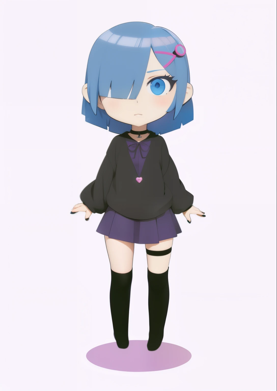 Anime girl with blue hair, black skirt and black stockings, Anime cute art style, Flat anime style, Anime Stylization, Anime style characters, anime vtuber full body model, flat anime style shading, Anime style 3D, A single character full body, stylized anime, style of anime, 17 year old anime goth girl,Tide play,one-eyed