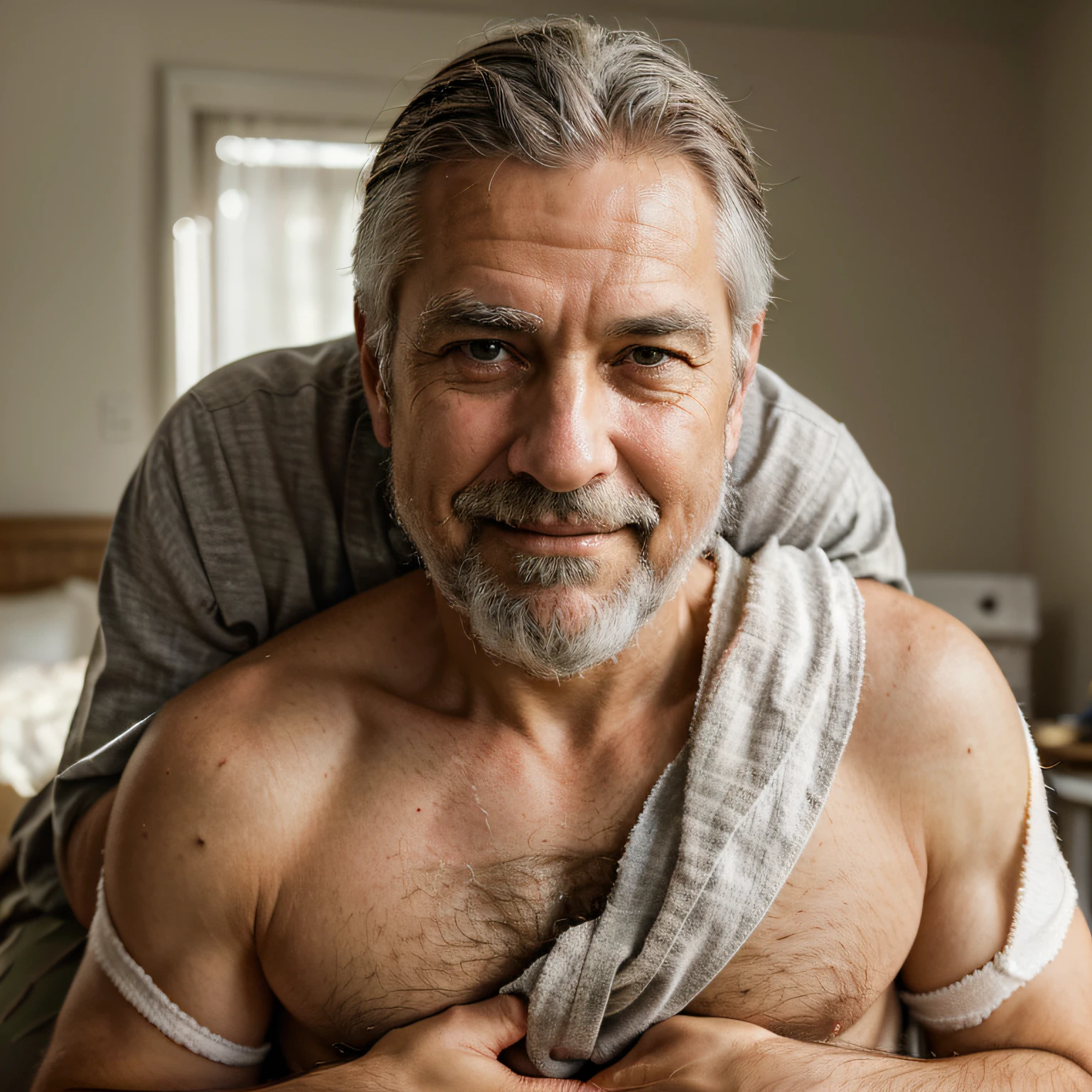 Portrait of a father,warm lighting,nurturing,kind eyes,loving smile,gray hair,silver beard,wisdom,strength,weathered face,strong hands,gentle touch,protective,role model,unconditional love,patient,helpful,shoulder to lean on,firm embrace,wise counsel,experienced,life lessons,memories,laugh lines,gentle heart,loved and respected,heroic,responsible,loving father,emotional bond,pride and joy,family man,distinctive features,best quality,highres,ultra-detailed,realistic,soft color palette,artistic style,confidence,captivating expression,masterpiece:1.2