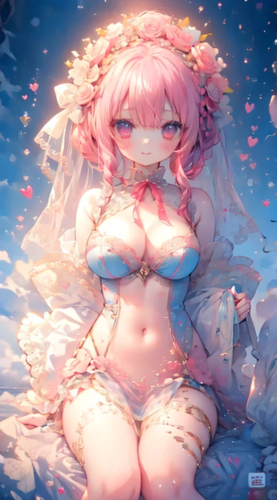 女の子1人、encrusted with pink and red hearts、、Too large breasts、cleavage of the breast、Dress with plenty of pink heart lace.、Large ribbon、lace cape、Lace veil、Eyes of Hearts、Her pale, Soft, Long hair studded with pale hearts..、A smile、Navel Ejection、pink hearts and frills、Princess Heartluffy cute background、pale heart、Pastel tones、Collect hearts under the sunlight、heart girl