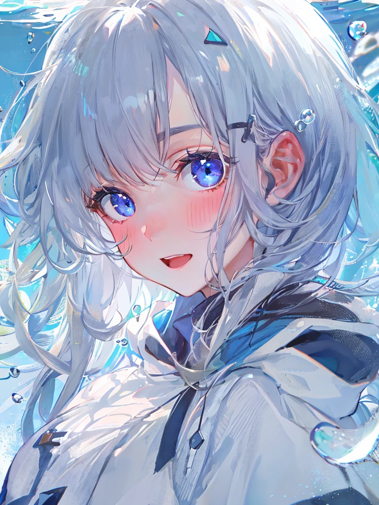 ((top-quality)), ((​masterpiece)), ((ultra-detailliert)), (Extremely delicate and beautiful), girl with, report, cold attitude,((White hoodie)),She is very(relax)with  the(Settled down)Looks,depth of fields,Evil smile,Bubble, under the water, Air bubble,Underwater world bright light blue eyes,inner color with bright gray hair and light blue tips,,,,,,,,,,,,,,,,,,,,,Cold background,Bob Hair - Linear Art, shortpants、knee high socks、White uniform like school uniform、Light blue ribbon ties、Clothes are sheer、The hand in my right pocket is like a sapphire,Fronllesse Blue, A small blue light was floating、fantastic eyes、selfy,Self-shot