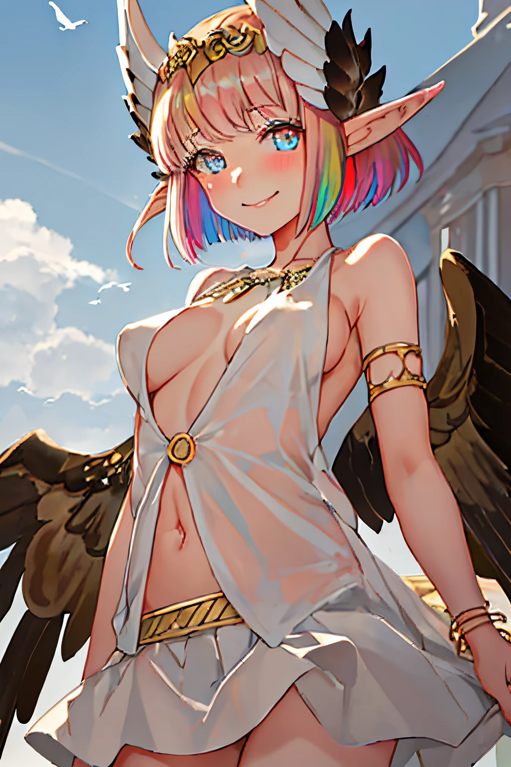 Best Quality, masutepiece, hight resolution, Solo, {Circe_nffsw:1.15}, spiky_Ears、Head_Wings, Wings, Bangs, feathered_Wings, Jewelry, Smile, breasts, Necklace, blush, Small_breasts, Multicolored_Eyes, 1girl in, Short_hair, up looking_で_viewer, white_Background, Blue_Eyes、a smile
