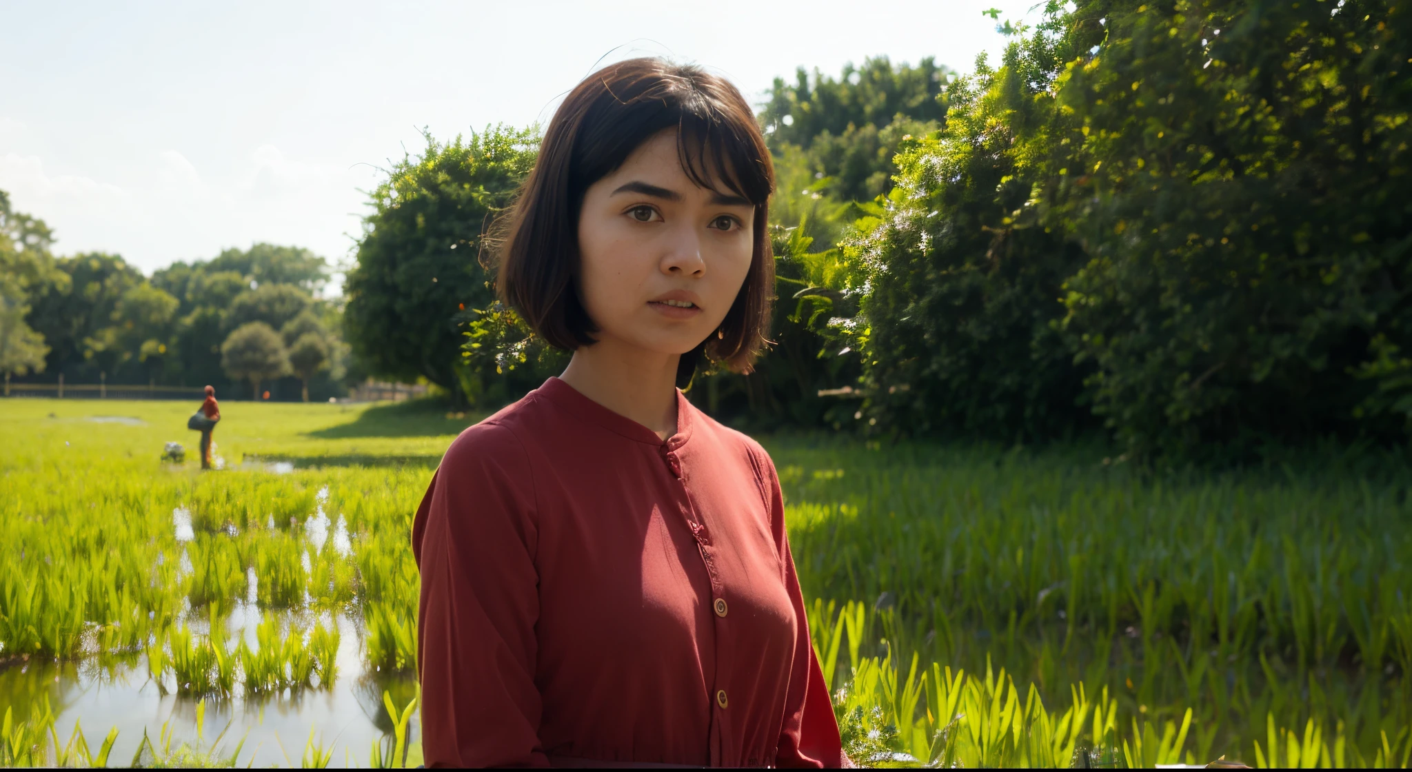 A film still of 2 young malay woman with hijab and baju kurung having an argument in malay village, near paddy fields, shouting and cursing, angry at each other, angry expression, 35mm, wide shot, full body, cool-toned color grading, depth of field cinematography effect, Natural Lighting, high quality, ultra detail, 8k resolution, in the style of Amelie Poulain directed by Jean-Pierre Jeunet , high saturation, 28mm lens, Establishing shot, High Contrast cinematography effect, Natural Lighting, Desaturate color grading, high quality, ultra detail, 8k resolution,