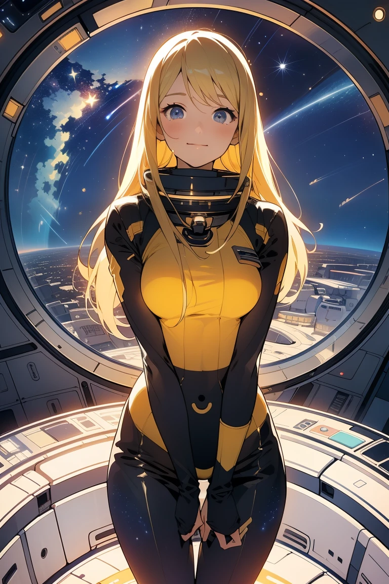 (masterpiece, best quality:1.2), (cowboy shot:1.1), solo, 1girl, mori yuki, slight smile, closed mouth, side view, looking at viewer, blonde hair, long hair, thigh gap, yellow bodysuit, skin-tight, perfect body, large window, (starship porthole:1.3), (spread legs:1.3), (standing:1.1), thigh gap,  pose, sideview, perfect hands, bright starship interior, (outer space view:1.1), (orbital view:1.3), (night, stary sky:1.5), milky way