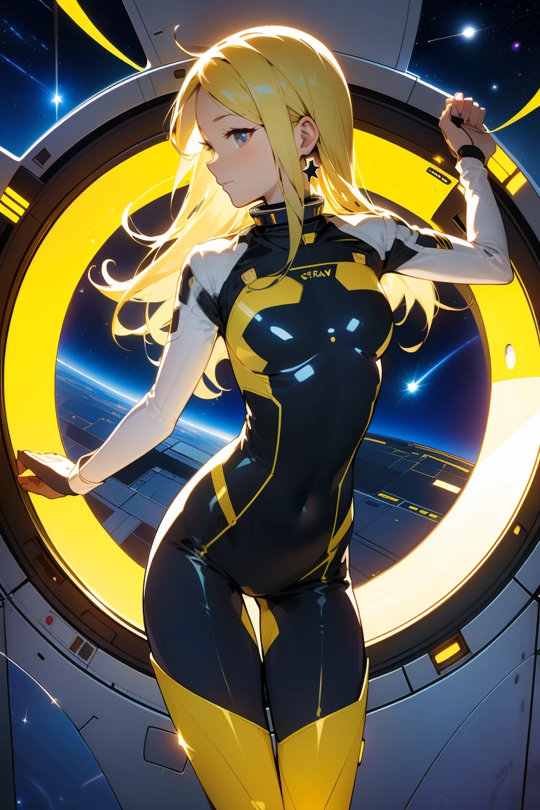 (masterpiece, best quality:1.2), (cowboy shot:1.1), solo, 1girl, mori yuki, slight smile, closed mouth, side view, looking at viewer, blonde hair, long hair, thigh gap, yellow bodysuit, skin-tight, perfect body, large window, (starship porthole:1.3), (spread legs:1.3), (standing:1.1), thigh gap,  pose, sideview, perfect hands, bright starship interior, (outer space view:1.1), (orbital view:1.3), (night, stary sky:1.5), milky way