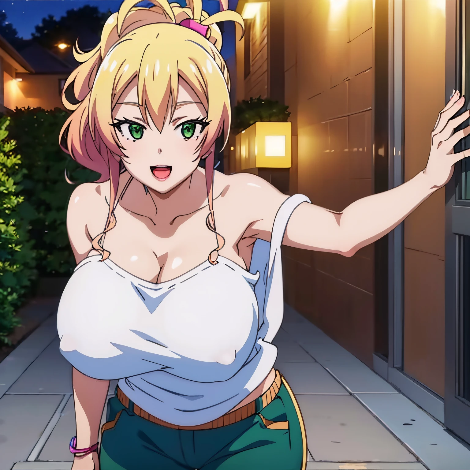 1women, ((nude)), ((huge tits)), slim waist, outdoor, night city, ((busty)), blonde hair, green eyes, ponytail hair, smile, white tank top, short pants, open mouth, view at camera, close up,