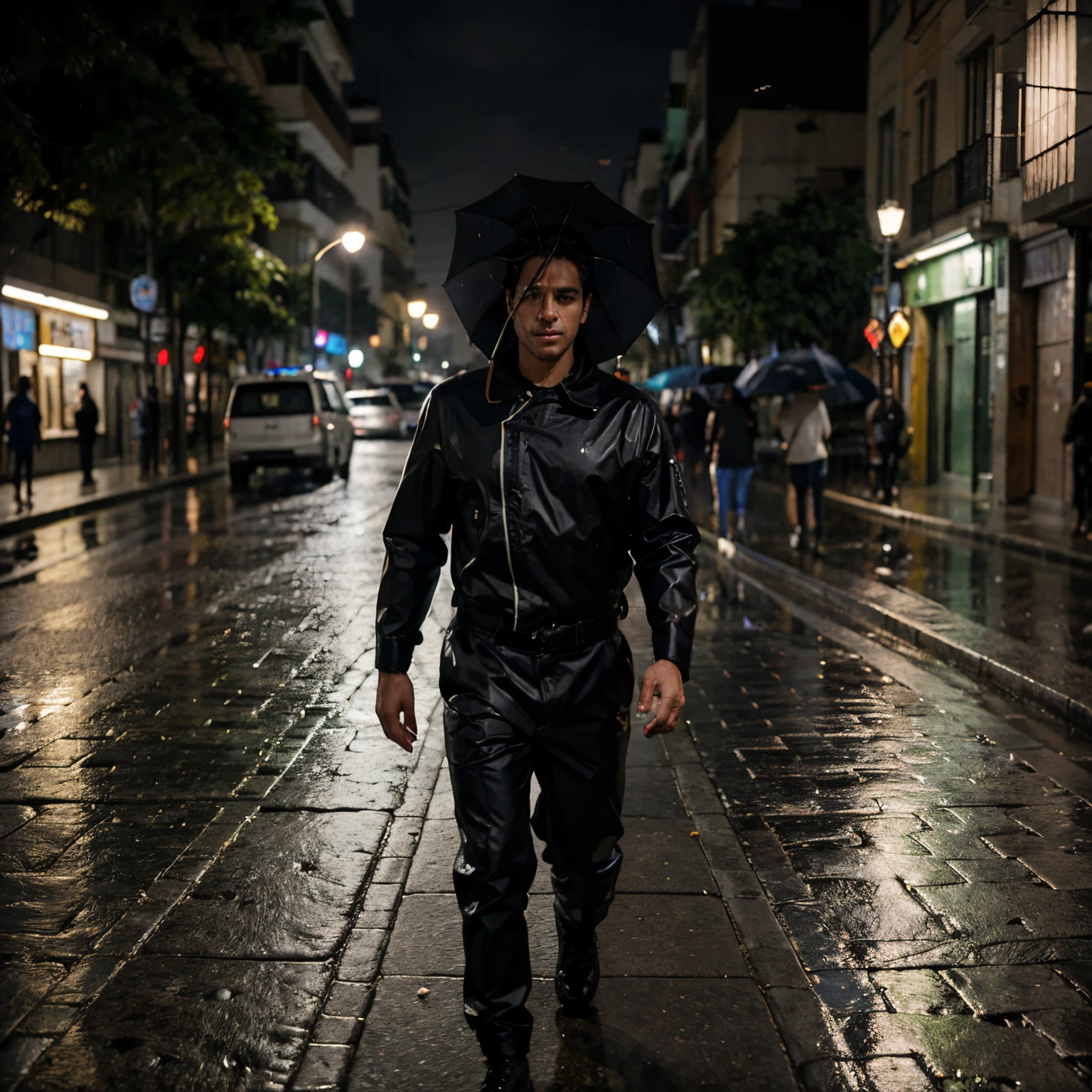 Homem bonito chuva a noite na rua escura, a noite chuva caindo chuva, black hair, Surrealism, 8k, super detail