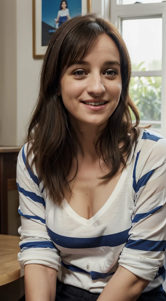 smiling woman with a blue and black and white striped shirt, this person does not exist, mid-30s, eden epstein-princess diana-ellen degeneres-vicki lewiessie carter-maria doyle kennedy-courtenay taylor-sonja morgan-mara wilson-lena dunham-kathryn hahn merged, entire body visible
