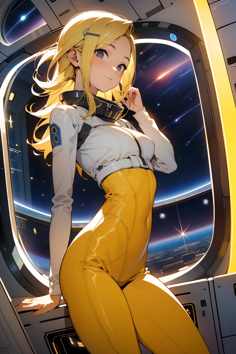 (masterpiece, best quality:1.2), (cowboy shot:1.1), solo, 1girl, mori yuki, slight smile, closed mouth, side view, looking at viewer, blonde hair, long hair, thigh gap, yellow bodysuit, skin-tight, perfect body, large window, (starship porthole:1.3), (spread legs:1.3), (standing:1.1), thigh gap,  pose, sideview, perfect hands, bright starship interior, (outer space view:1.1), (orbital view:1.3), (night, stary sky:1.5), milky way