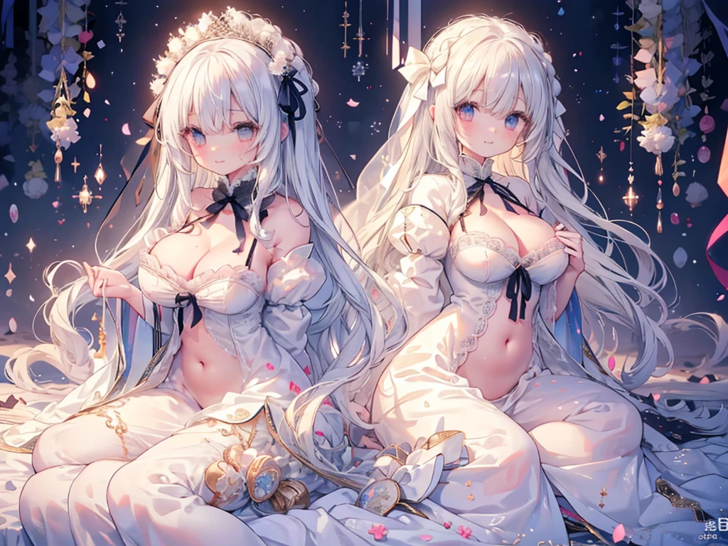 1人、white ribbon dress、爆乳、Too large breasts、cleavage of the breast、fluffy and soft long white hair、Large ribbon、ribbon brooch、Sparkling eyes、ribbons are scattered、ribbon princess、white colors、sparkly lace cape、Lace veil、a smile、爆乳、Navel Ejection
