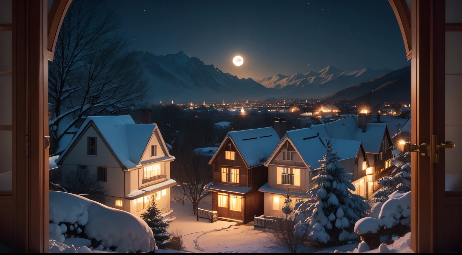 beautiful moon and snowy houses view from the window