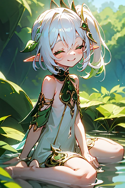 nude, naked, loli, flat chest, outside, smiling, elf ears, pointy ears, daylight, open eyes, happy