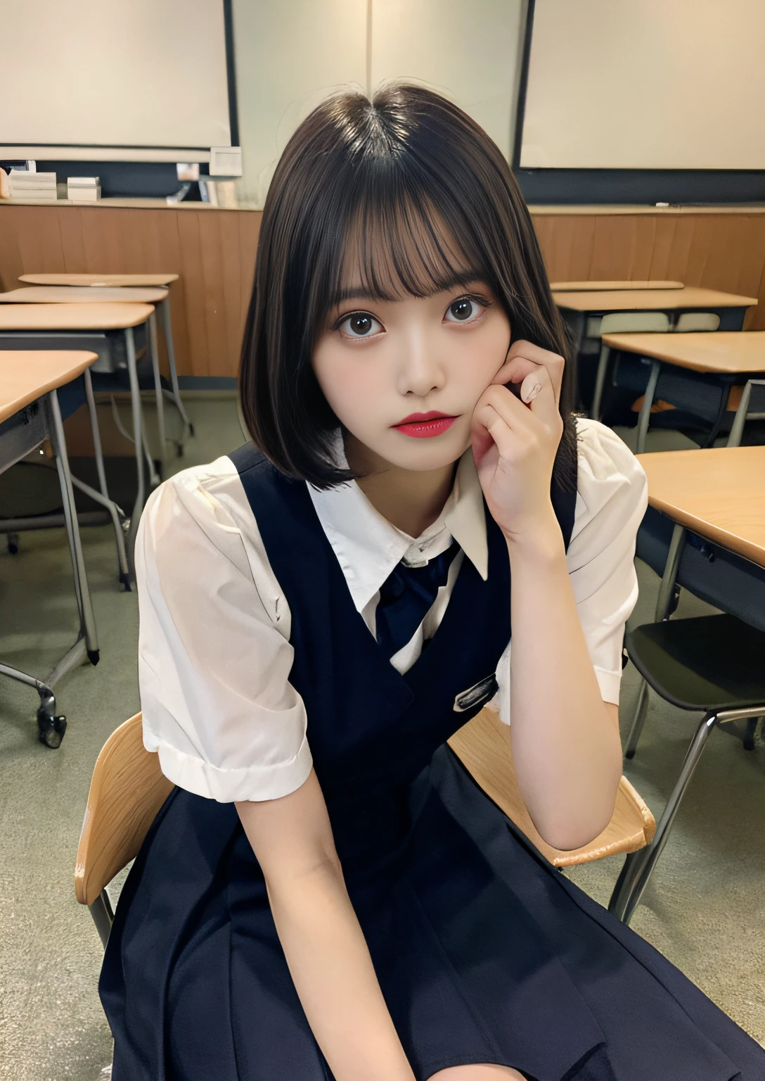 finely detail, hight resolution, hightquality、Bob Layer Cut、Perfect dynamic composition, Beautiful detailed eyes, Bob Layer Cut、have a pen、Dark classroom、long legged、despise、Looking at the camera、legs crossed、Sitting on a chair、lowfers、shoe、Natural Color Lip, 20yr old、Transparent skin、School Uniforms、Glowing hair、resent、was furious、Irritated