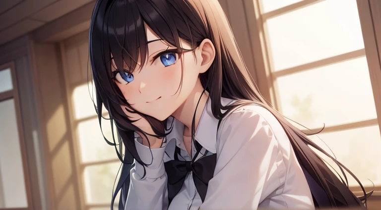 Eki Kawahara, long hair, black hair, ahoge, blue eyes, small breast, medium skirt, formal clothes, smiling, love gaze, standing, longing, 
BREAK looking at viewer,
BREAK indoors, school canteen,
BREAK (masterpiece:1.2), best quality, high resolution, unity 8k wallpaper, (illustration:0.8), (beautiful detailed eyes:1.6), extremely detailed face, perfect lighting, extremely detailed CG, (perfect hands, perfect anatomy),