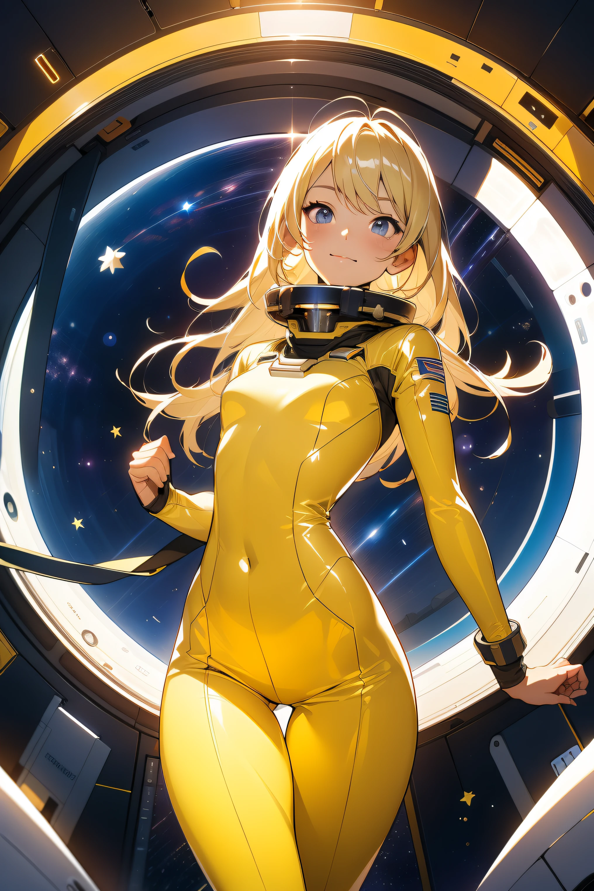(masterpiece, best quality:1.2), (cowboy shot:1.1), solo, 1girl, mori yuki, slight smile, closed mouth, side view, looking at viewer, blonde hair, long hair, thigh gap, yellow bodysuit, skin-tight, perfect body, large window, (starship porthole:1.3), (spread legs:1.3), (standing:1.1), thigh gap, pose, sideview, perfect hands, bright starship interior, (outer space view:1.1), (orbital view:1.3), (night, stary sky:1.5), milky way