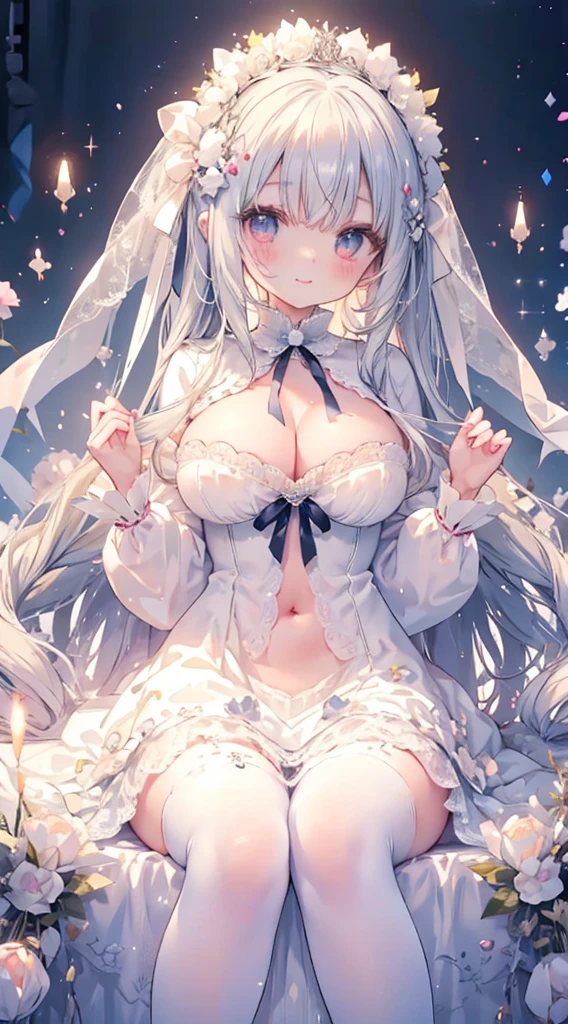 1人、white ribbon dress、、Too large breasts、cleavage of the breast、fluffy and soft long white hair、Large ribbon、ribbon brooch、Sparkling eyes、ribbons are scattered、ribbon princess、white colors、sparkly lace cape、Lace veil、A smile、Navel Ejection、Pale pastel colors