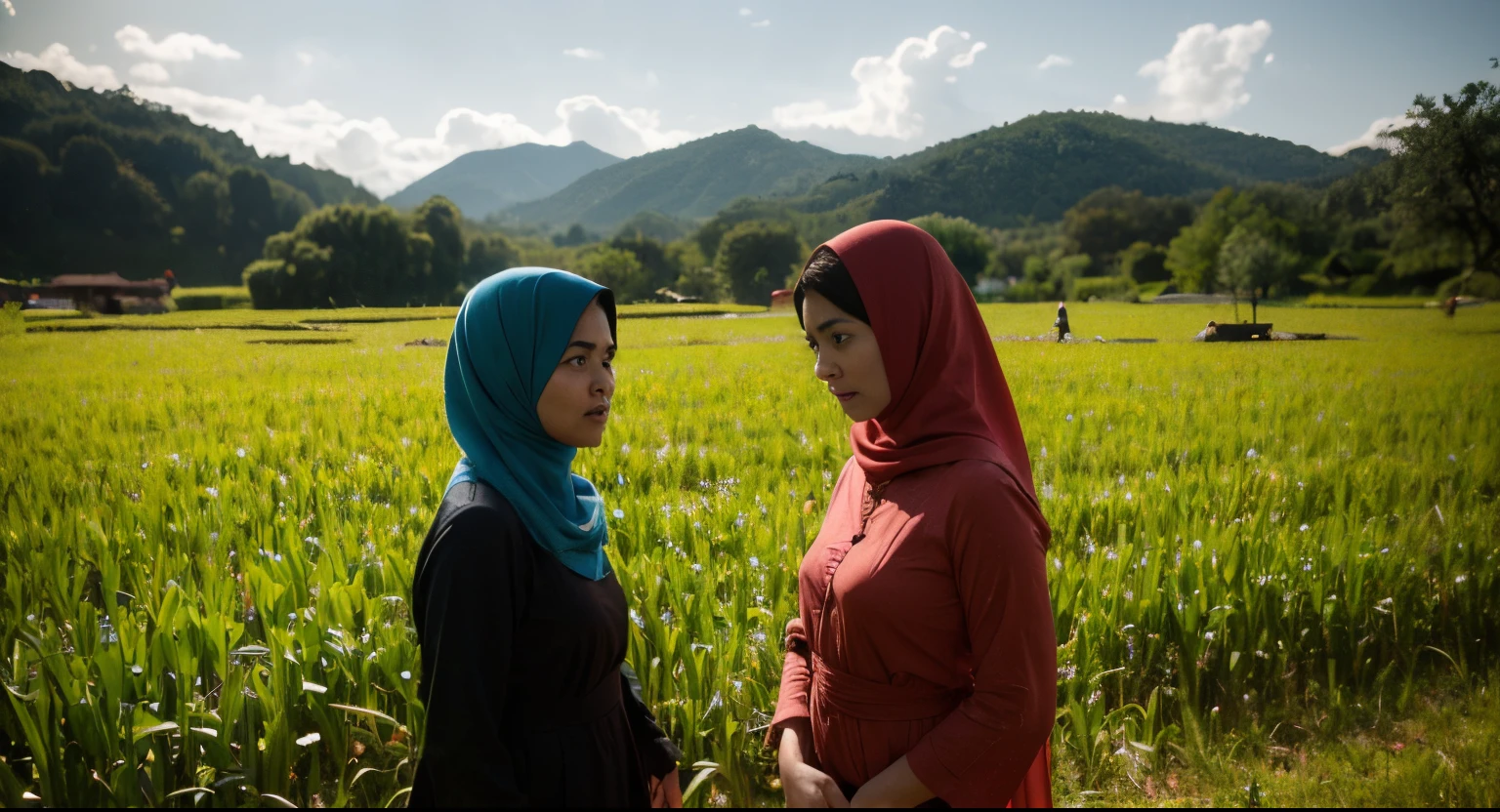 A film still of 2 malay woman with hijab and baju kurung having an argument in malay village, near paddy fields, shouting and cursing, angry at each other, angry expression, 35mm, wide shot, full body, cool-toned color grading, depth of field cinematography effect, Natural Lighting, high quality, ultra detail, 8k resolution, in the style of Amelie Poulain directed by Jean-Pierre Jeunet , high saturation, 28mm lens, Establishing shot, High Contrast cinematography effect, Natural Lighting, Desaturate color grading, high quality, ultra detail, 8k resolution,