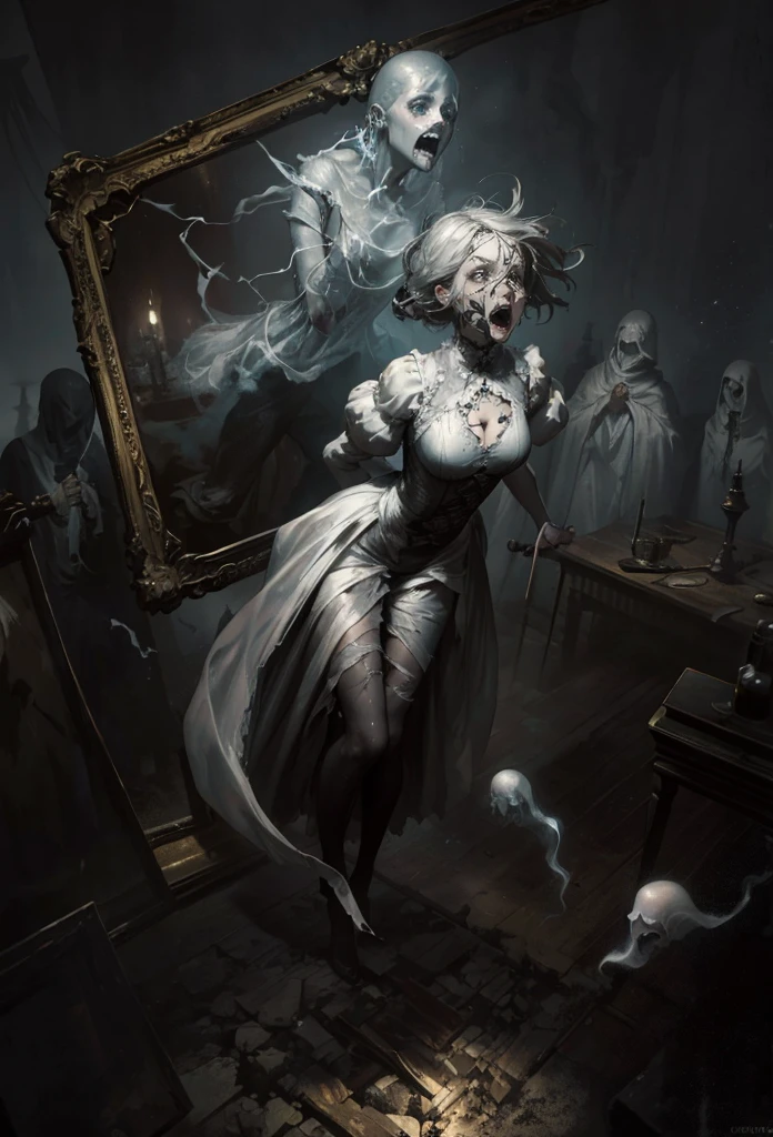 ghost, grey skin, transparent legs, wraith, floating, standing, Emma Watson, gothic horror, tattered ghostly clothes, full body, trapped in a haunted oil painting, painting frame, hyperrealism, ghostly, trapped, (scared, screaming, panicked horrified), peter mohrbacher, pierre terblanche, trending on artstation