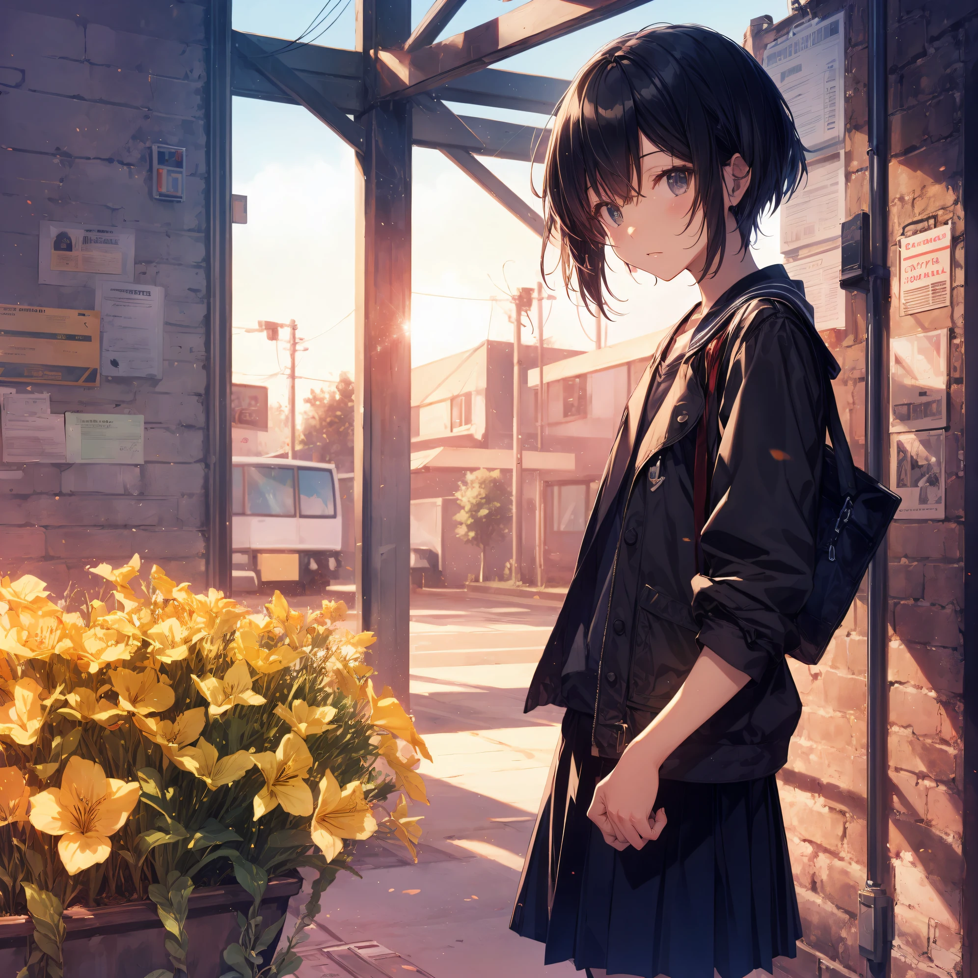 Top quality by creator God, Ultra-detailed, anime moe art style,Best Anime 8K Konachan Wallpapers,Pixiv Contest Winner,Perfect Anatomy, BREAK,(Draw a girl sleepily walking to school. ),BREAK, 1girl is a cool beautiful girl, (Solo,Lori,child,13years:1.3),a junior high school student, Androgynous attraction, (Center part very short hair), hair messy,Forehead, Full limbs, complete fingers,flat chest, Small butt, groin, Small eyes,Beautiful detailed black eyes,Well-proportioned iris and pupils,disgusted eye, School uniform, Skirt,On the way to school. BREAK,High resolution,super detailed skin, Best lighting by professional AI, 8K, Illustration,