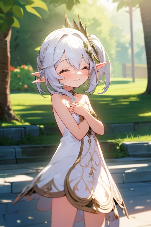 nude, naked, , flat chest, outside, smiling, elf ears, pointy ears, daylight, open eyes, happy