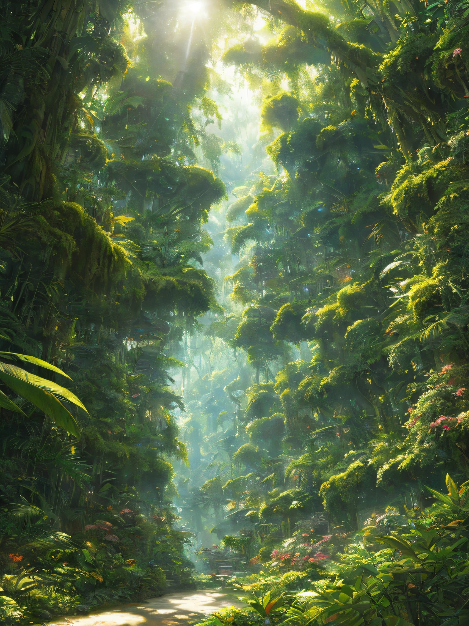 A detailed and intricate digital illustration of a dense jungle full of exotic flora and fauna, with sunlight filtering through the canopy creating a dappled effect. Yoshitaka Amano and Hayao Miyazaki's style, masterpieces, proportions, details, art station trends, beautiful lighting, realistic, intricate, award winning, 4k, highest quality award winning, 4K digital painting in the style of Yoshitaka Amano. A detailed and intricate depiction of the zombie apocalypse, masterfully capturing the chaos and drama of the scene. Beautiful lighting and cinematic composition make this piece a true masterpiece, trending on artstation