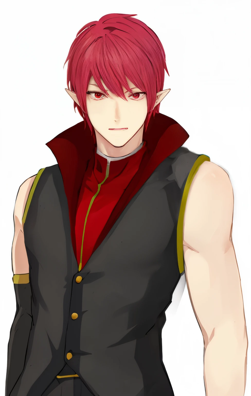 anime guy with red eyes and red hair wearing vest and red collar, male elf, human male demon, male vampire