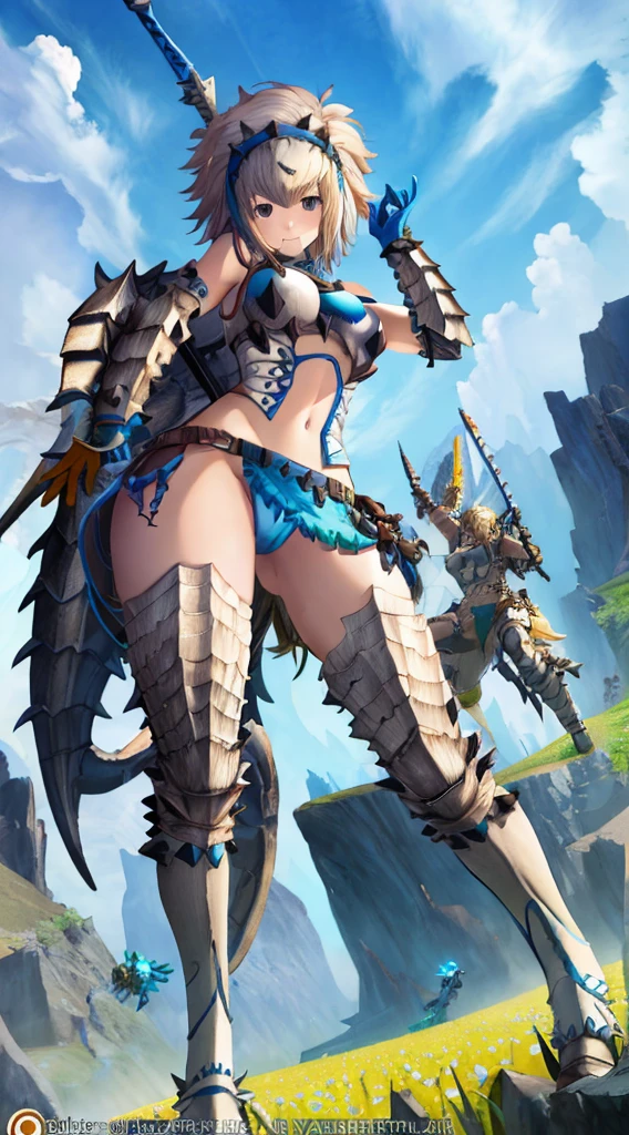 Anime girl with sword and armor standing in the field, Granblue Fantasy, armor girl, bikini armor female knight, cushart krenz key art feminine, high detailed official artwork, 2. 5 d cgi anime fantasy artwork, in monster hunter armor, mechanized valkyrie girl, from arknights, SFW version, Trending on ArtStation pixiv, bikini-armor,Close-up、