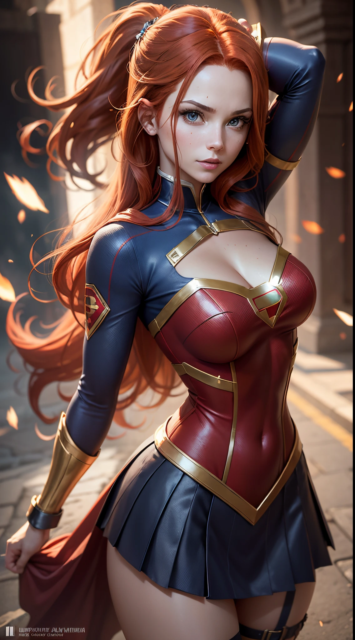 Red-haired beauty adorned in a Super Girl costume, striking a powerful and heroic pose. Illuminate the scene with dynamic cinematic lighting, emphasizing the vibrant hues of her hair and costume. Pay meticulous attention to facial details, capturing the determination in her expressive eyes and a confident smile. Utilize depth of field and gentle contrast techniques to enhance the realism of the composition. Describe the costume intricately, ensuring it reflects the iconic elements of Super Girl's attire. Craft a visually stunning image that blends the allure of a red-haired heroine with the fantasy theme.