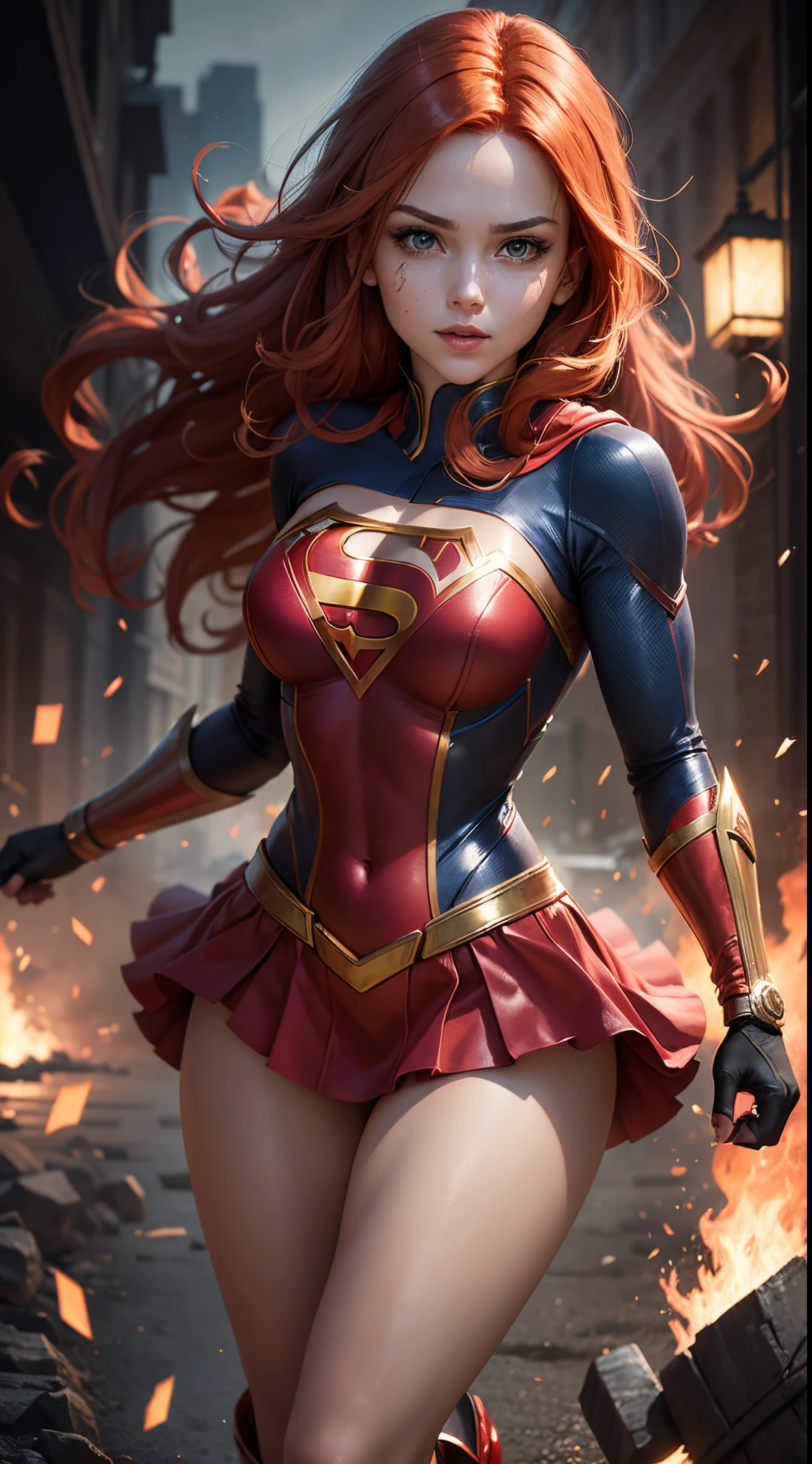 Red-haired beauty adorned in a Super Girl costume, striking a powerful and heroic pose. Illuminate the scene with dynamic cinematic lighting, emphasizing the vibrant hues of her hair and costume. Pay meticulous attention to facial details, capturing the determination in her expressive eyes and a confident smile. Utilize depth of field and gentle contrast techniques to enhance the realism of the composition. Describe the costume intricately, ensuring it reflects the iconic elements of Super Girl's attire. Craft a visually stunning image that blends the allure of a red-haired heroine with the fantasy theme.