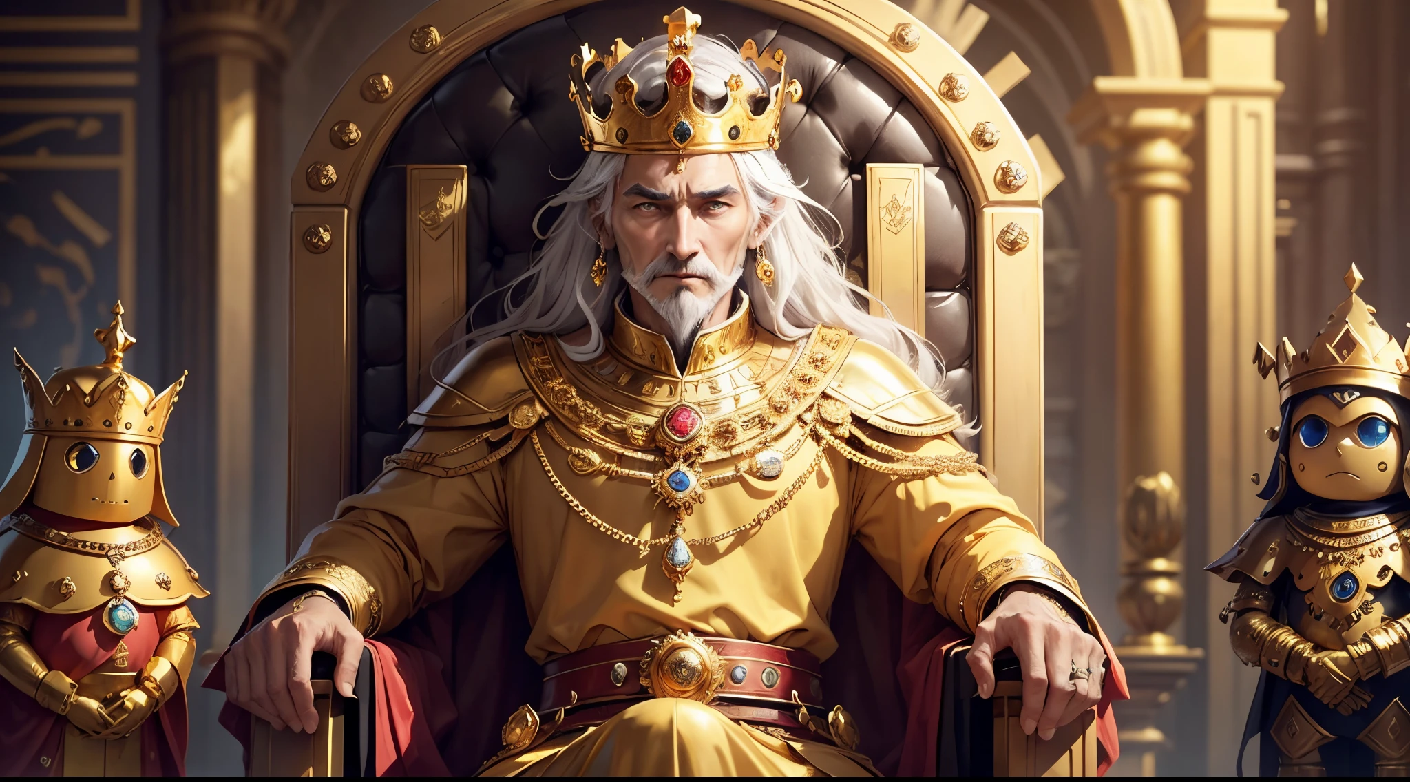 An old king,There was a lot of gold and jewels around him,seated on a throne,Gold and gold crowns and precious jewelry,Robot guards standing left and right